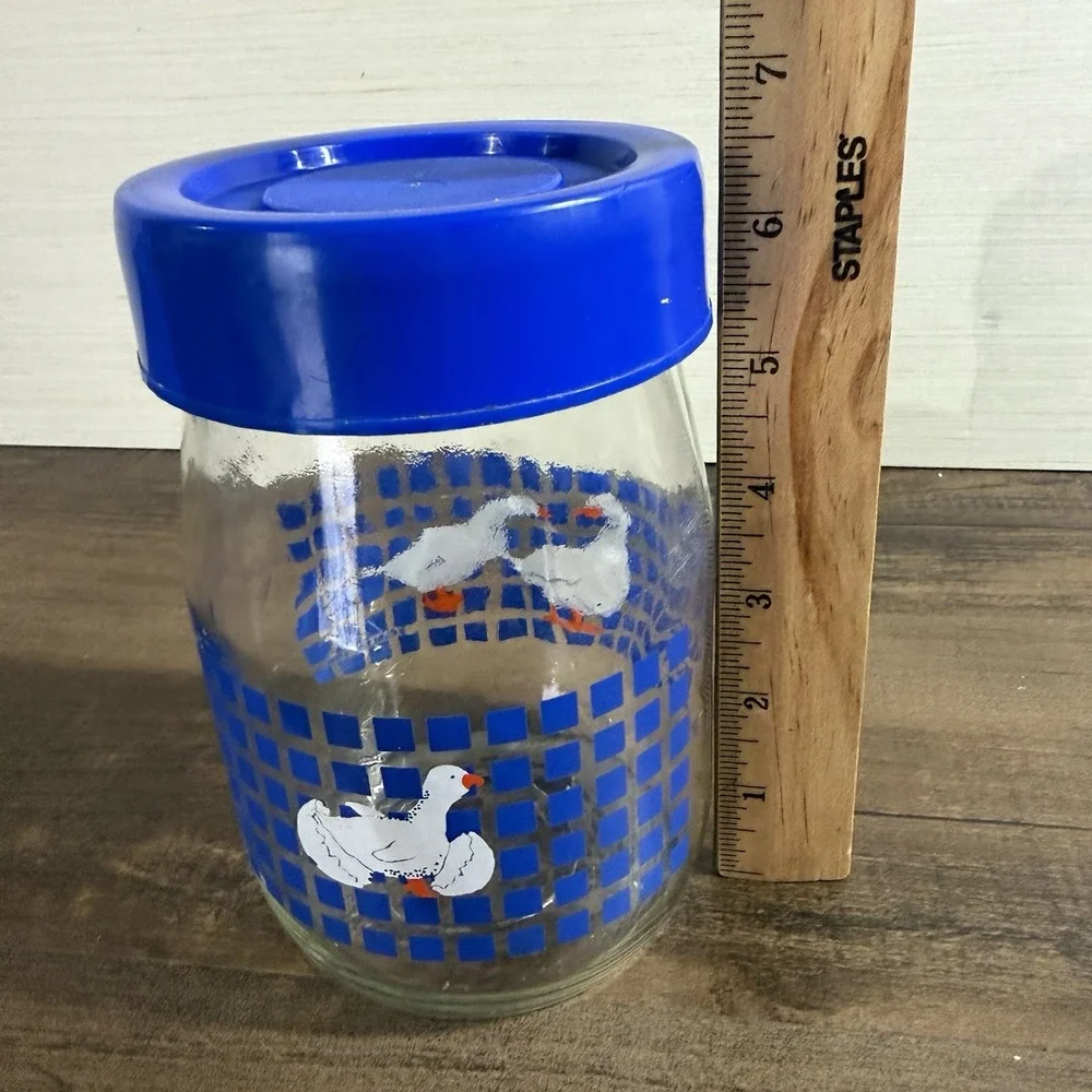 Vintage CARLTON GLASS USA 1 Liter Blue Checked Geese Ducks Canister 1982